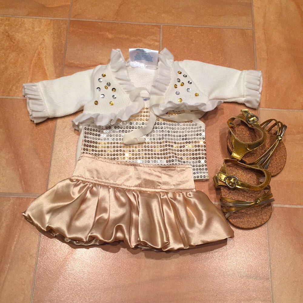 Build-a-Bear White Knit Cardigan, Sequin Tank Top & Gold Skirt Outfit